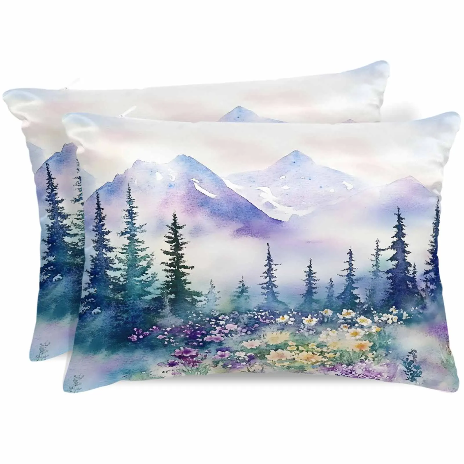

Watercolor Mountain Tree Flower Bed Satin Pillowcase 2pcs Sofa Pillow Cover Case Bedroom Satin Cushion Covers Home Decor