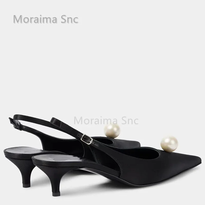 

Pearl Kitten Heels Women's Sandals Pointy Back Strap Black Satin 2025 Spring Summer New Comfortable Baotou Bride Wedding Shoes