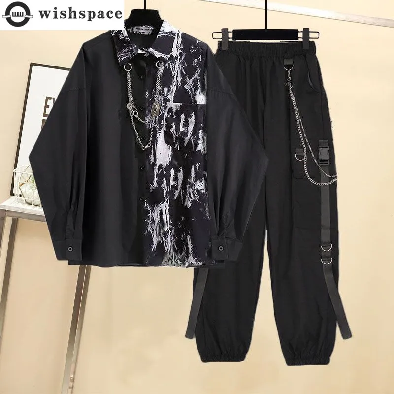 2023 Vintage Print Hip Hop Style Chain Shirt Loose Punk Style Pants Fashion Women's Set Street Dance Boys' Set Tracksuit