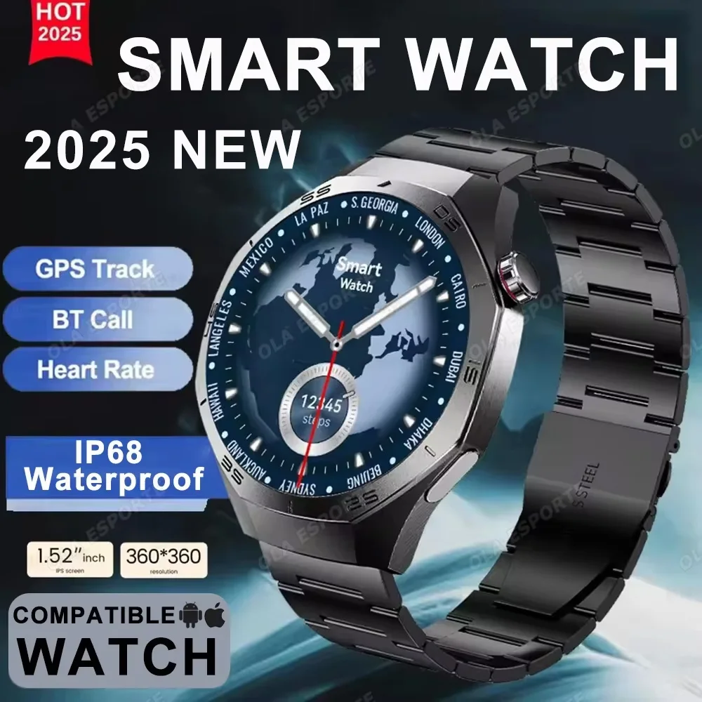

Новые умные часы 2025 года, 1,52-дюймовый AMOLED-экран, GPS-компас, Bluetooth-вызов, здоровье, умные часы, 100 спортивных режимов, монитор сердечного ритма, сна