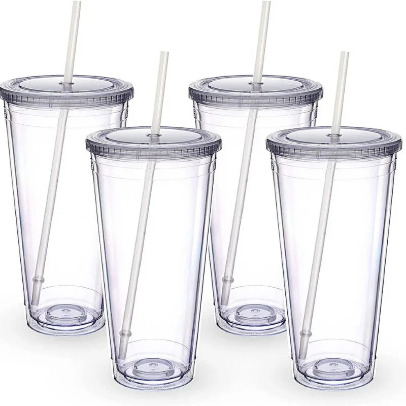 32oz Double Wall Clear Plastic Tumblers with Lids and Straws Large Capacity Acrylic Car Cup Reusable Insulated Cups 1,2,4pcs/set