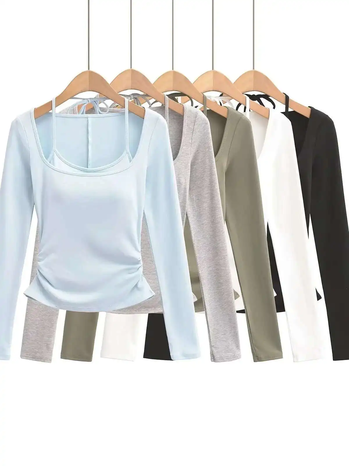 2024 Autunno/Inverno Nuovo Appeso Al Collo Falso In Due Pezzi A Maniche Lunghe Pullover Delle Donne Cinching Vita di Colore Solido Sottile Breve Top V795