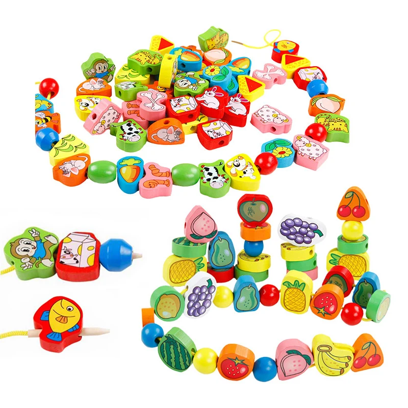 26pcs Children Wooden Beads 1-3 Year Old Infants Baby Stroller Suitable Toys Digital Fruit Animals Boys Girls Birthday Gifts TMZ