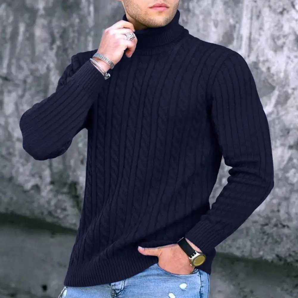 Camisola masculina monocromática de gola alta, blusa de manga comprida, roupa essencial para o frio, inverno e outono