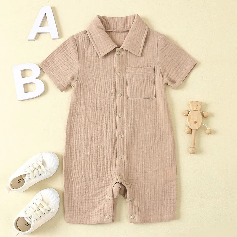 

Baby Boys Girls Jumpsuits Short Sleeve Lapel Collar Solid Color Button Up Rompers Newborn Clothes