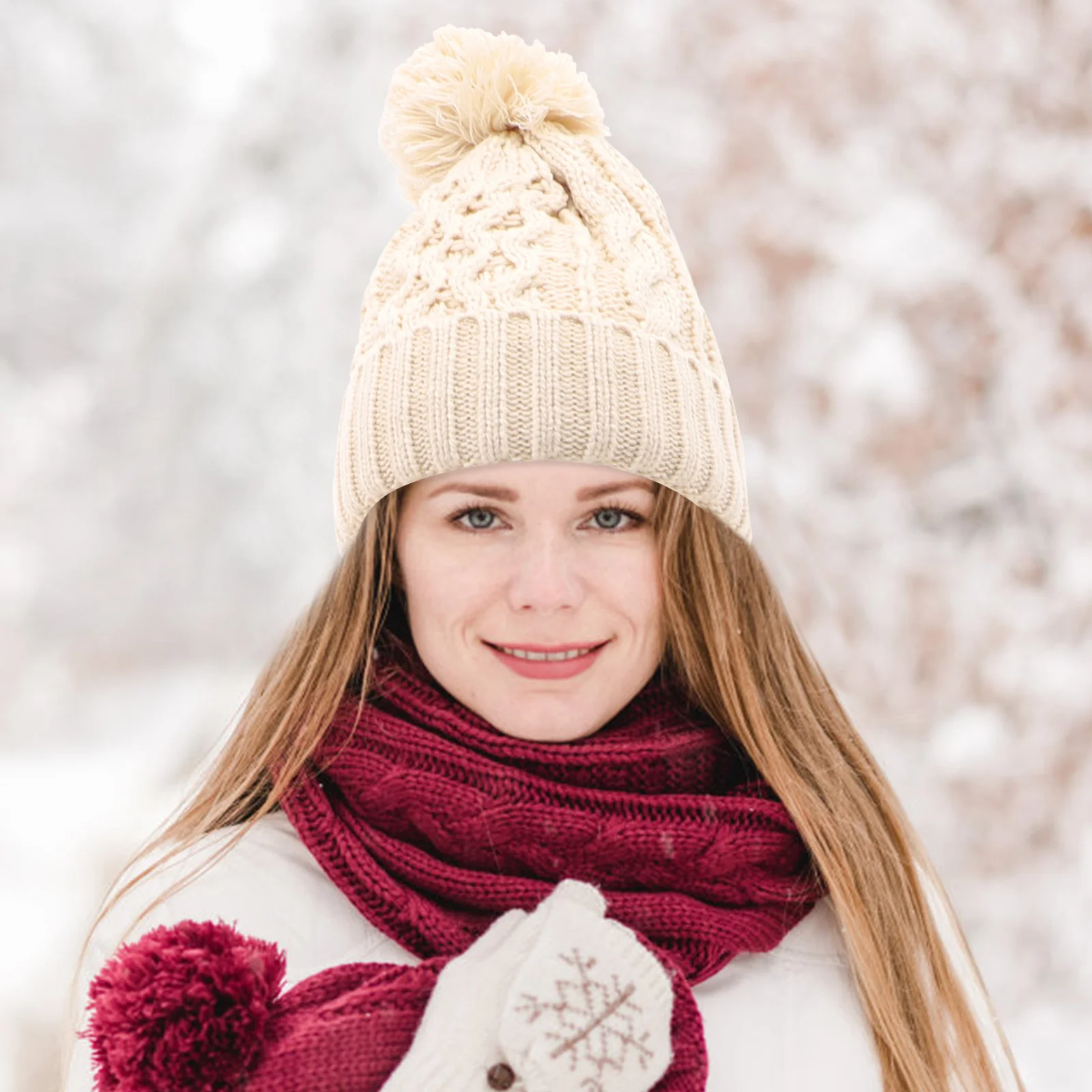 1 Juego de gorro, bufanda, guantes, conjunto de gorro cálido, gorro grueso de invierno para mujer, accesorios de esquí plegables, equipo de nieve tejido