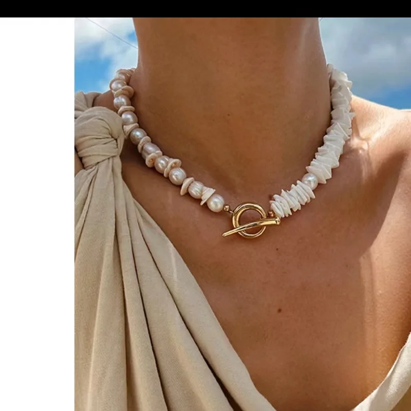 Natural White Ocean Style Broken Shell Separated Pearl Necklace for Women Classic Niche High-end Sense OT Buckle Clavicle Chain