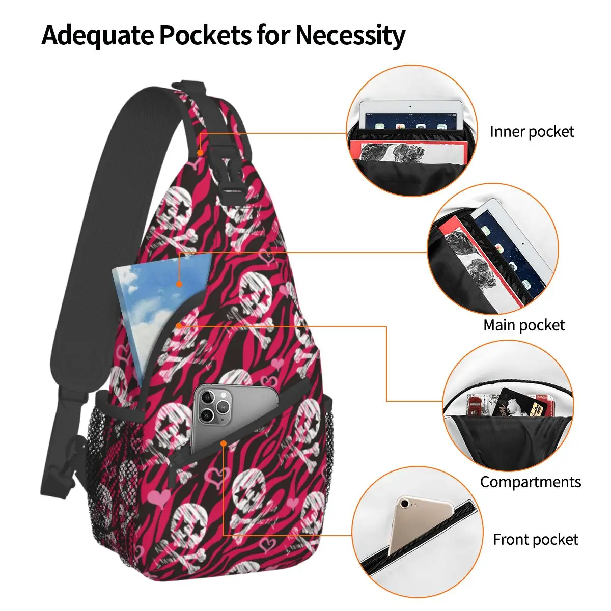 Grunge Zebra Star Skull Print Small Sling Bags Chest Crossbody Shoulder Sling Backpack Outdoor Hiking Daypacks Men Women Pack