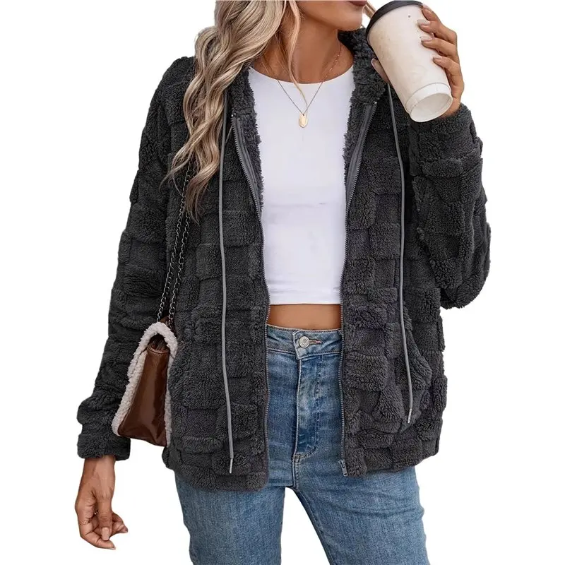 

CYL-Women's Double-Sided Plush Zip Up Hoodie With Drawstring Casual Jacket Pockets Outerwear