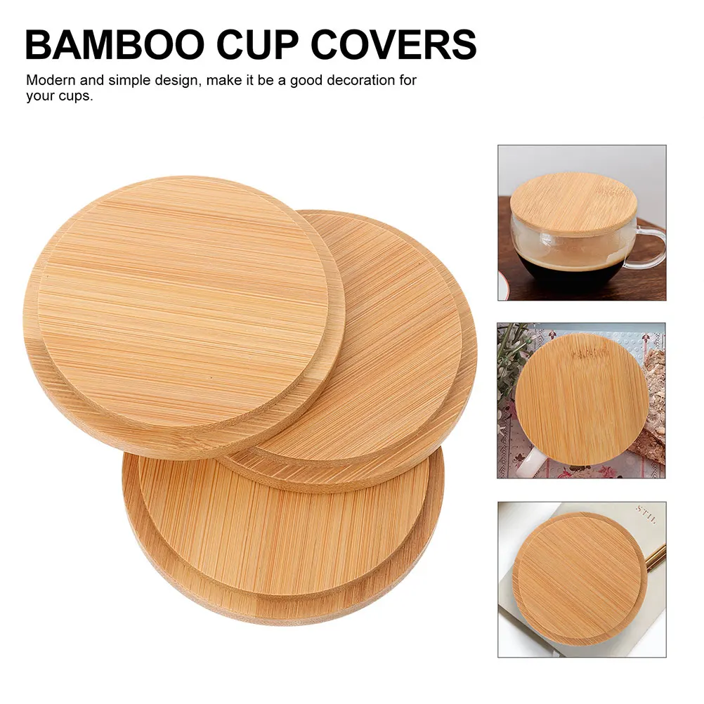 

4pcs Water Cup Lid Bamboo Leak Proof Fine Craftsmanship Smooth Surface Easy Clean Mug Covers Travel Office Cartoon Round