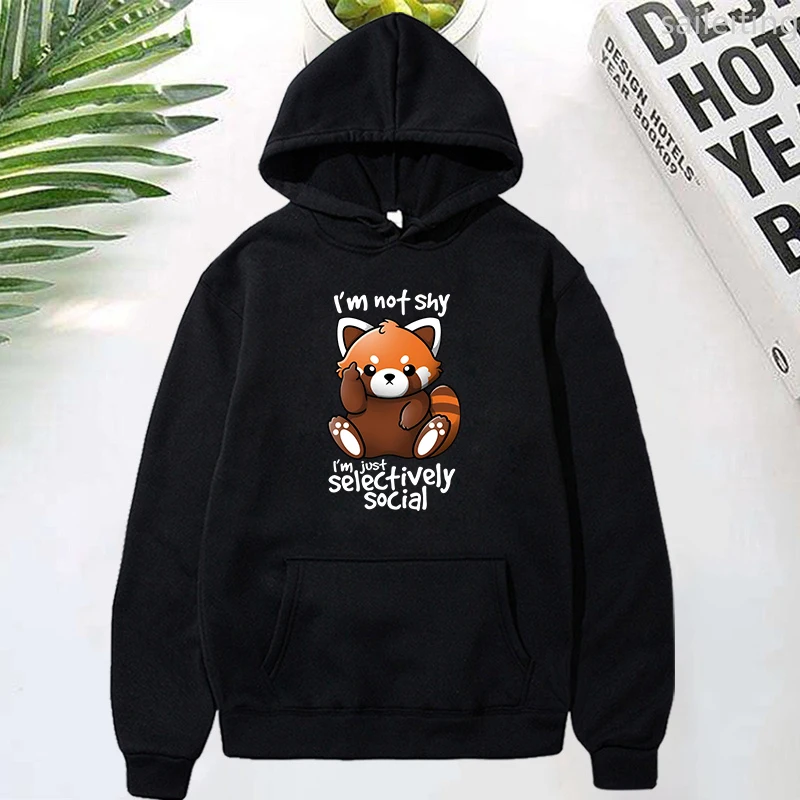 Panda I'M Not Shy I'M Just Selectively Social Printed Kangaroo Pocket Hoodie Women Winter Clothes Aesthetic Clothes