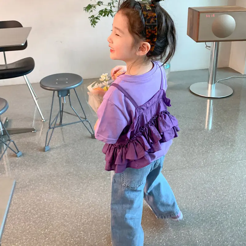 Girls' Suit Crew Neck Short-sleeved T-shirt Plus Suspender Vest Top 2025 Summer New Children's Clothing 3-8 Years Old
