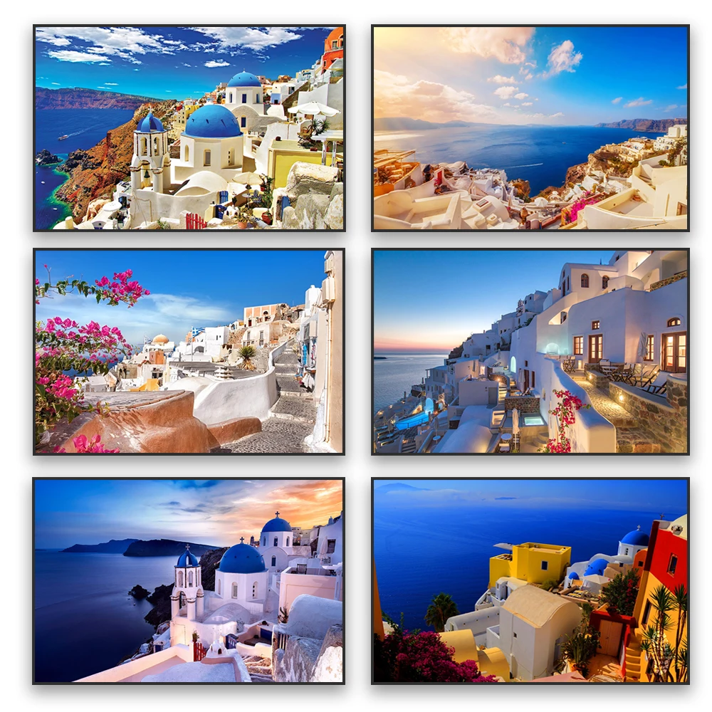 

Colorful Nature Landscape Poster Greece Oia Santorini Prints Office Wall Art Canvas Painting Reading Living Room Decoration