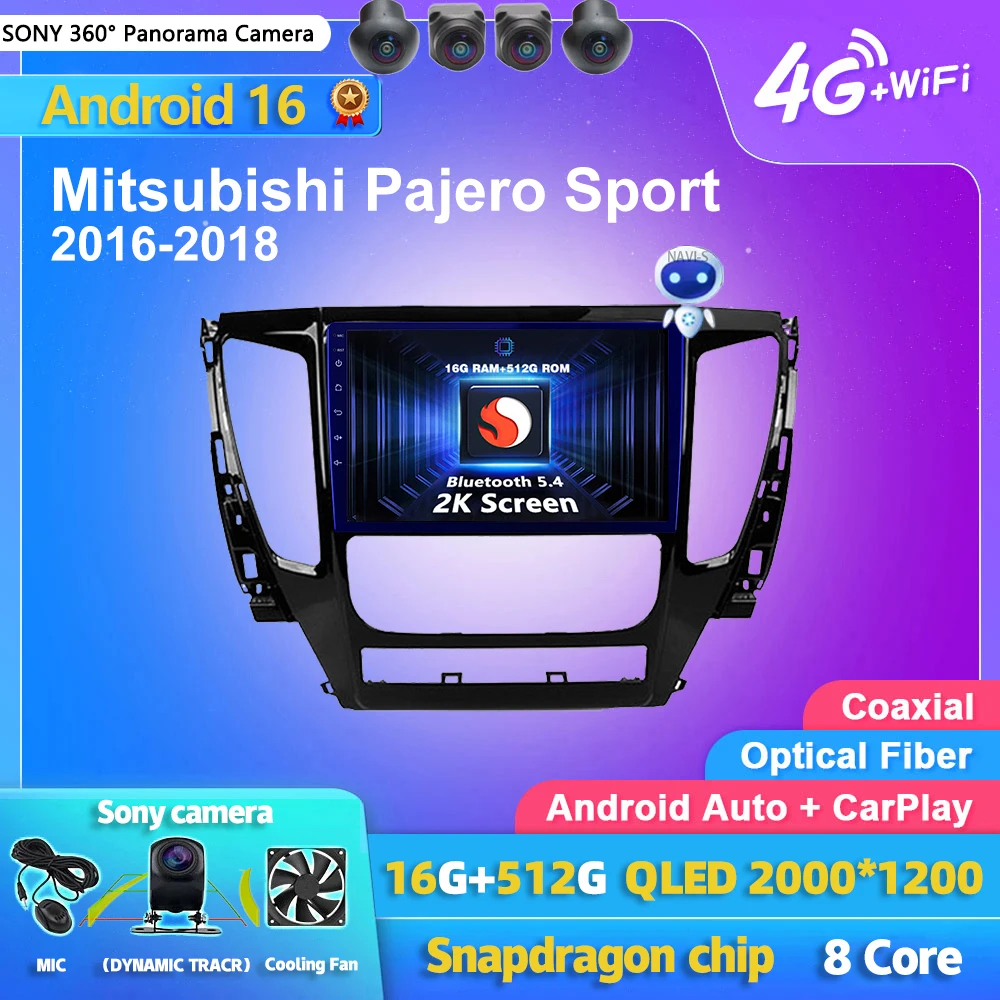 Qualcomm Android 16 Carplay Auto 2K Screen Car Radio Multimedia Player For Mitsubishi Pajero Sport 2016 - 2018 Autoradio Stereo