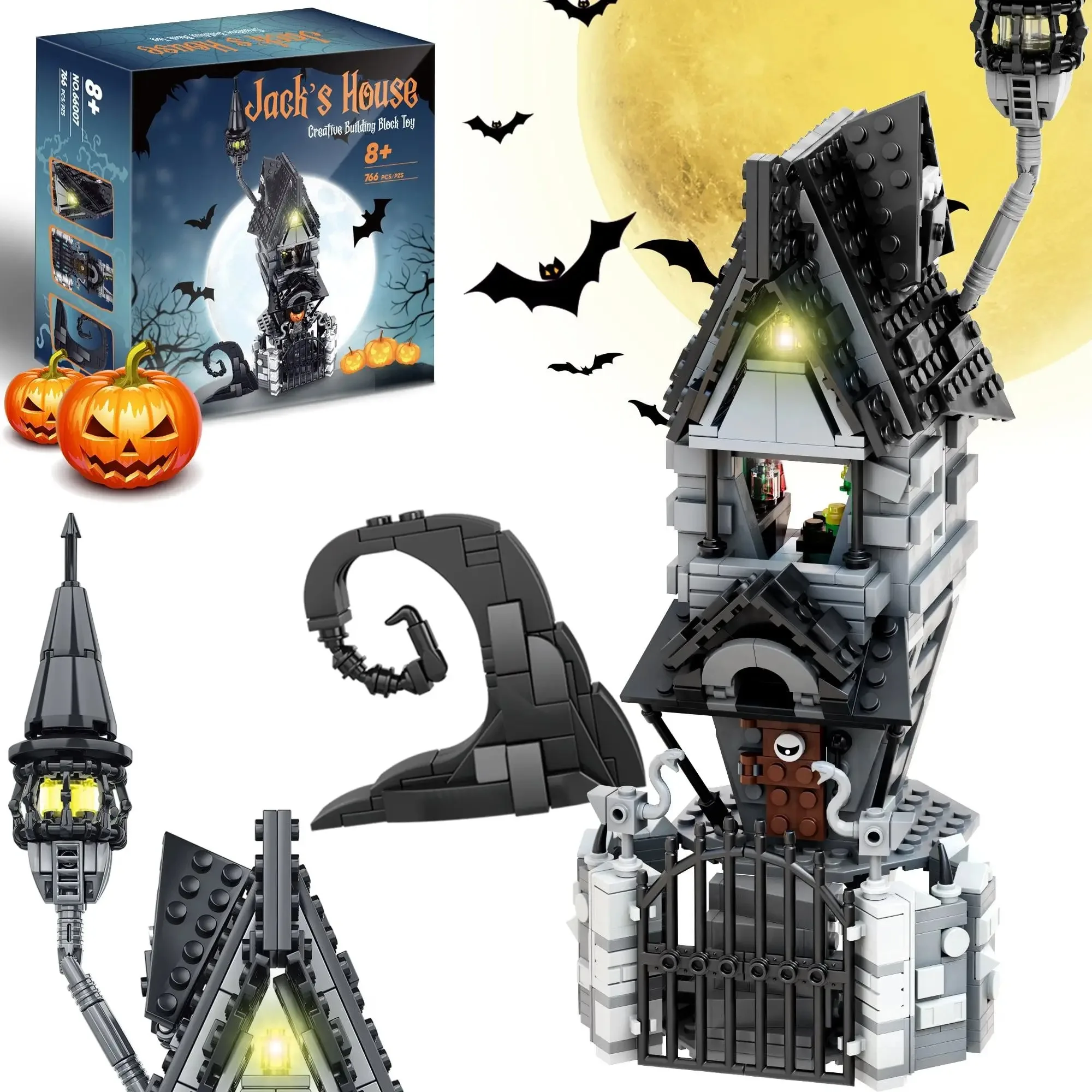766PCS Film MOC Casa stregata Building Blocks Nightmareal Prima del fantasma Scheletro Capanna Modello con giocattoli a LED Regali di Halloween per il capretto