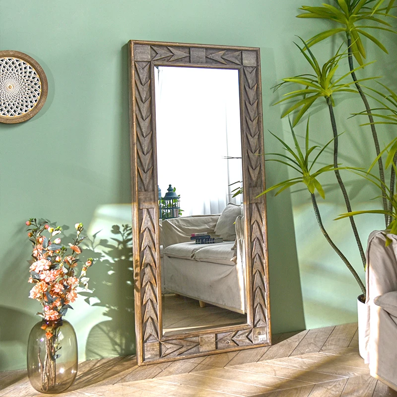 Home Large Decorative Rustic Rectangle Full-Length Dressing Floor Mirror Framed Wooden Carving Glass Beautiful Pattern