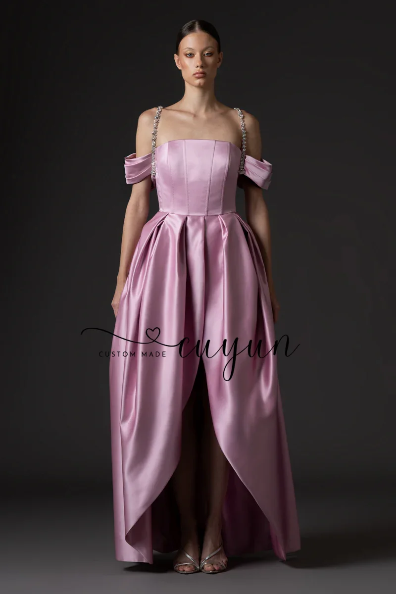 CUYUN, vestidos largos de graduación de satén de seda personalizados con hombros descubiertos, tirantes con cuentas, vestido de noche con abertura larga, vestidos de fiesta para cena de línea A