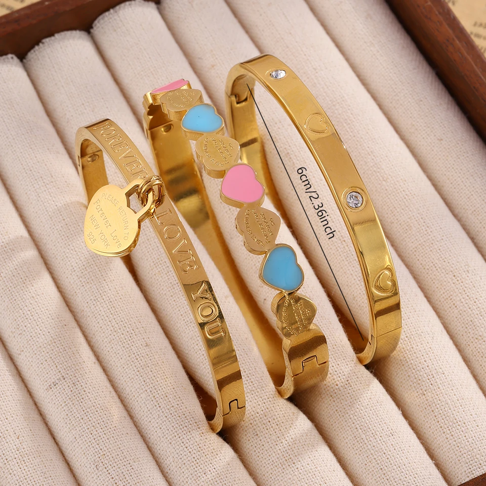 Yupsk 3 قطع/مجموعة سوار من الفولاذ المقاوم للصدأ مع عناصر قلب عصرية مقاومة للماء ومتينة قابلة للتكديس مجوهرات متعددة الاستخدامات للنساء #6