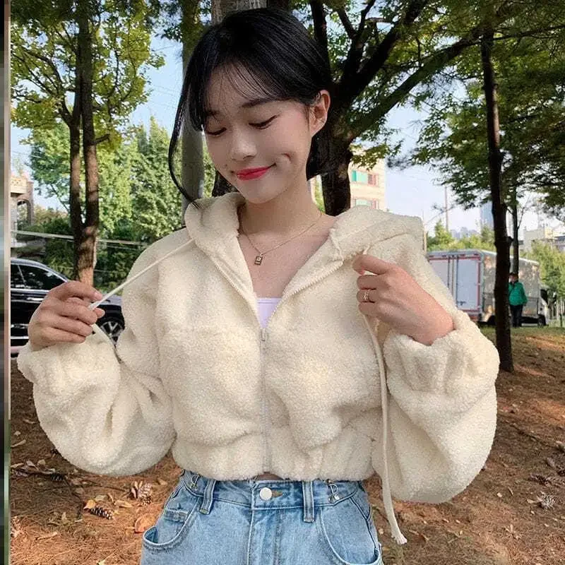 Korean Fashion Lamb Wool Zip Up Solid Short Hoodies Women Sweet Loose Hooded Sweatshirts Long Sleeve Tops Autumn 2025 New