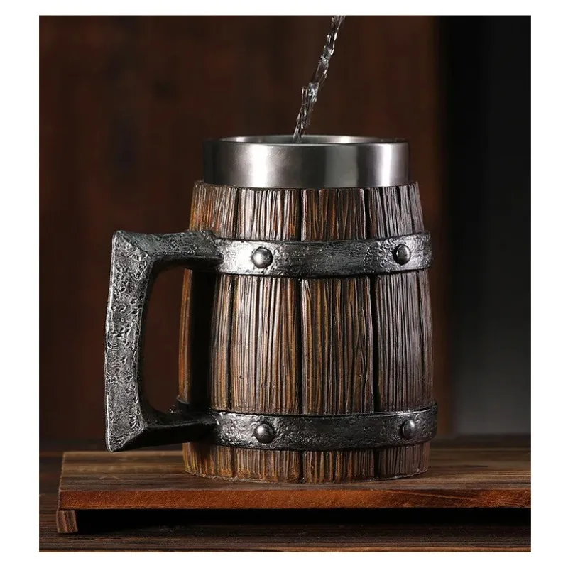 

Hot-selling Wooden Barrel Beer mug , Large-capacity Coffee mug Water bottle ,Tazas de café with stainless steel