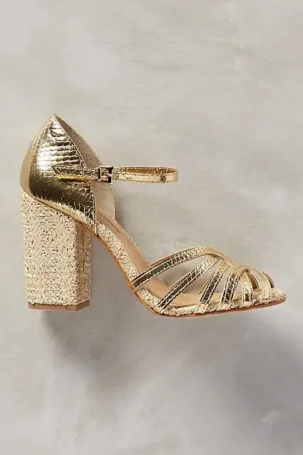 Golden Chunky High Heel Ankle Buckle Sandals Lady Peep Toe Dress Bridal Fashion Leather Sandals Women Shoes Party Summer Shoes