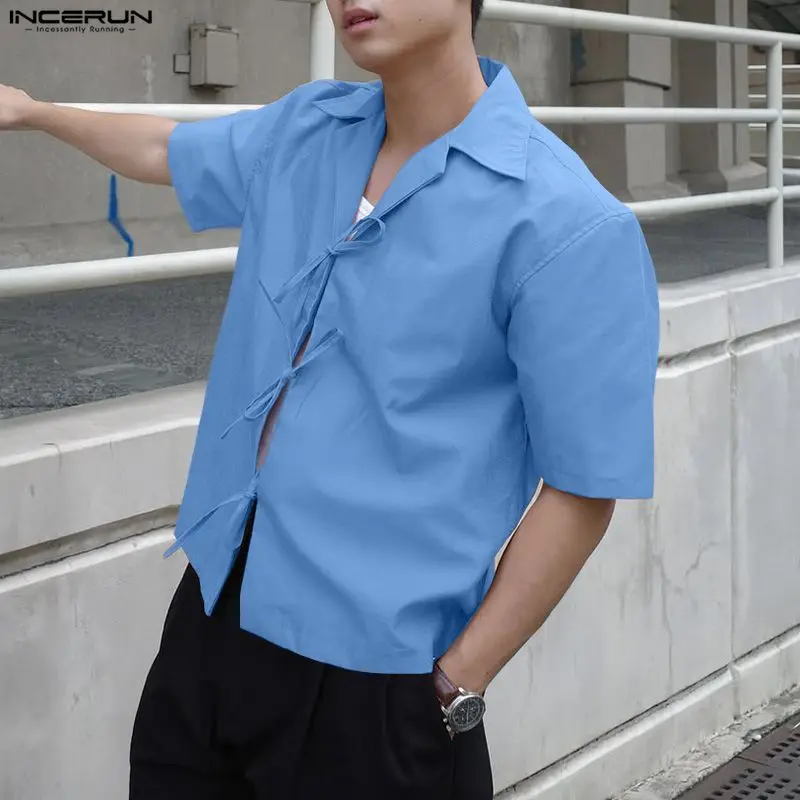 

INCERUN Мужская рубашка с однотонным лацканом и коротким рукавом на шнуровке Мужская одежда Свободная уличная одежда в корейском стиле Модные повседневные топы Мужские рубашки