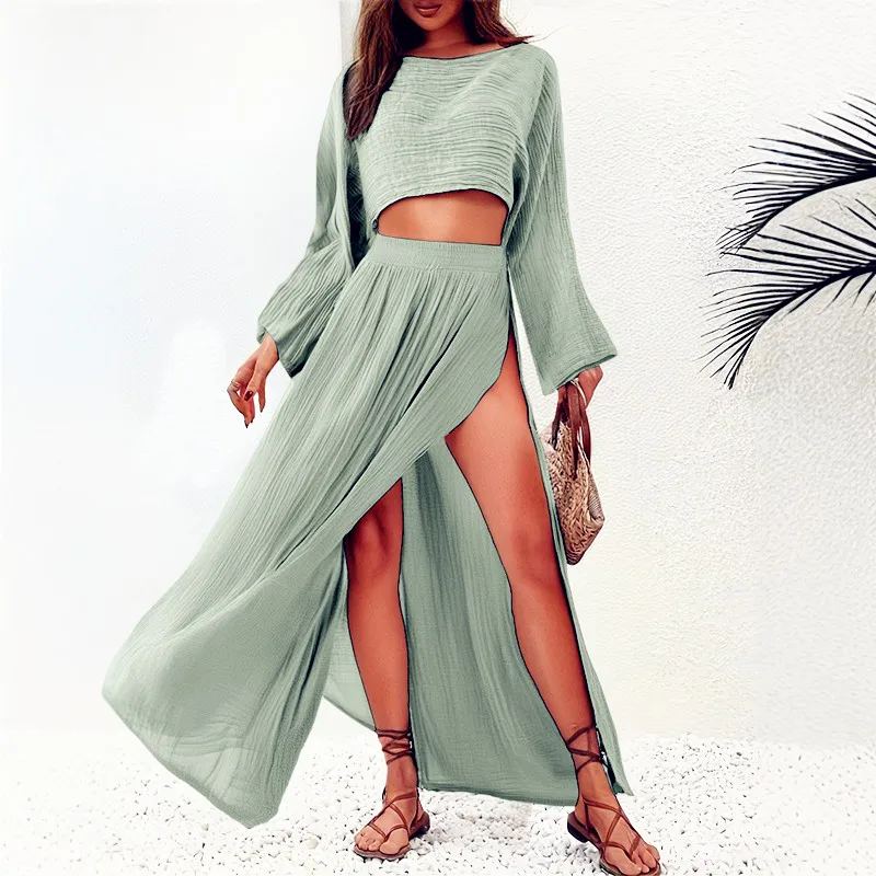 Vacanza per il tempo libero Misto lino Camicie a maniche lunghe T-shirt Top a vita alta Gonna lunga con spacco chic Set casual in due pezzi