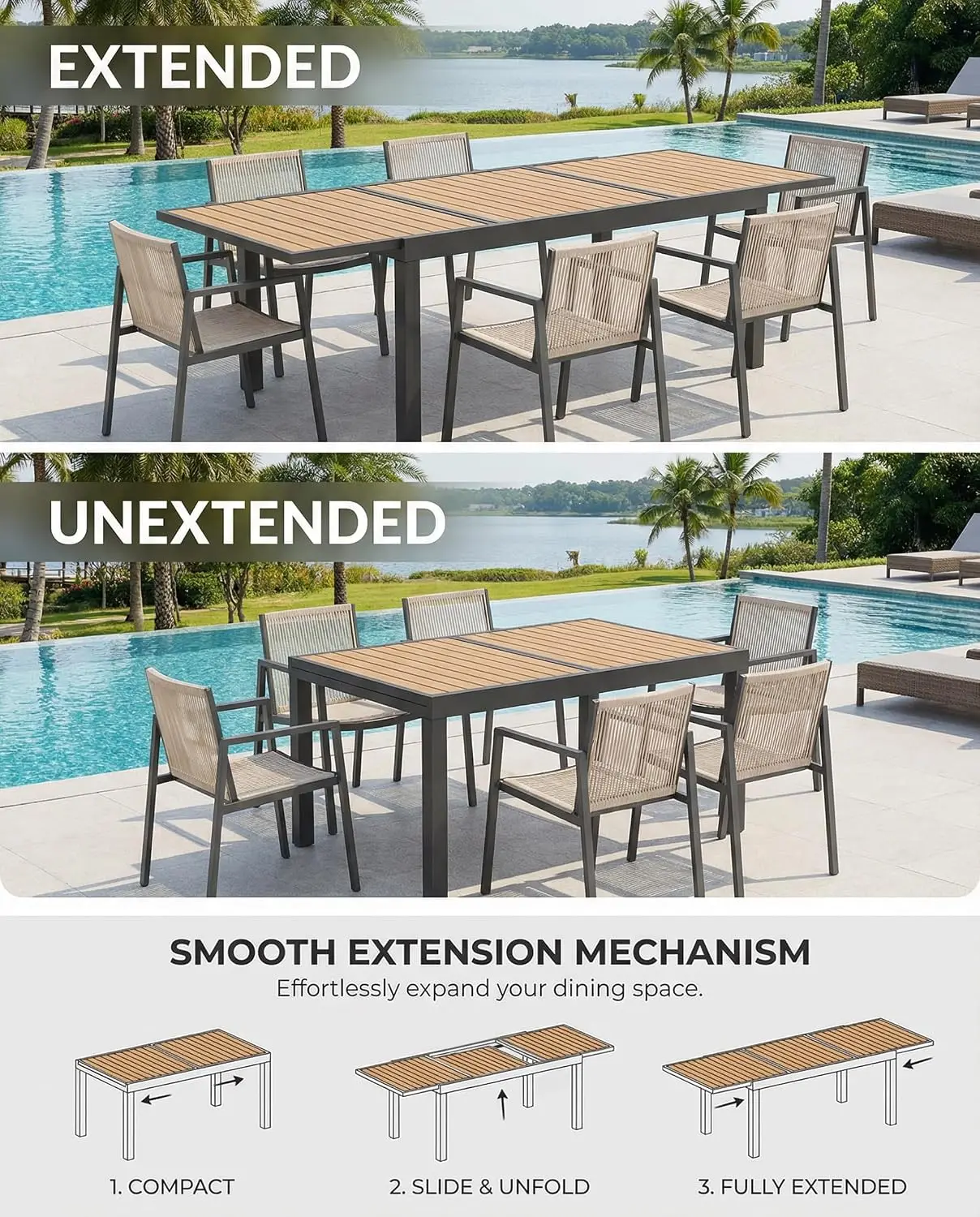 Expandable Outdoor Dining Table Set 4-8 Person Aluminum Wood Top 55