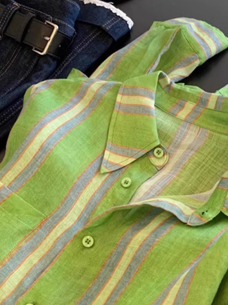 เสื้อคลุมผ้าลินินลายทางสีขาวสไตล์อเมริกันย้อนยุค ป้องกันแสงแดดสำหรับผู้หญิง ฤดูร้อน ผ้าบางเบา ทรงหลวม สบายๆ คอปกยาว