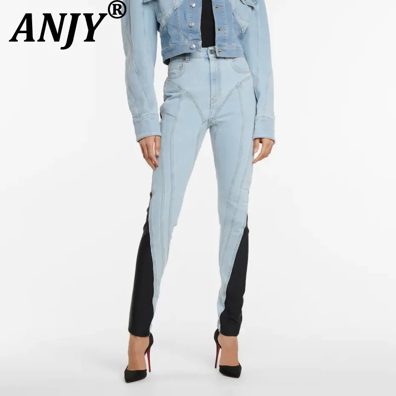 

ANJY Новые женские джинсы-карандаш A19997 для весны и осени, в стиле High Street, с эффектом потертости, в стиле панк, с цветными блоками и пэчворком