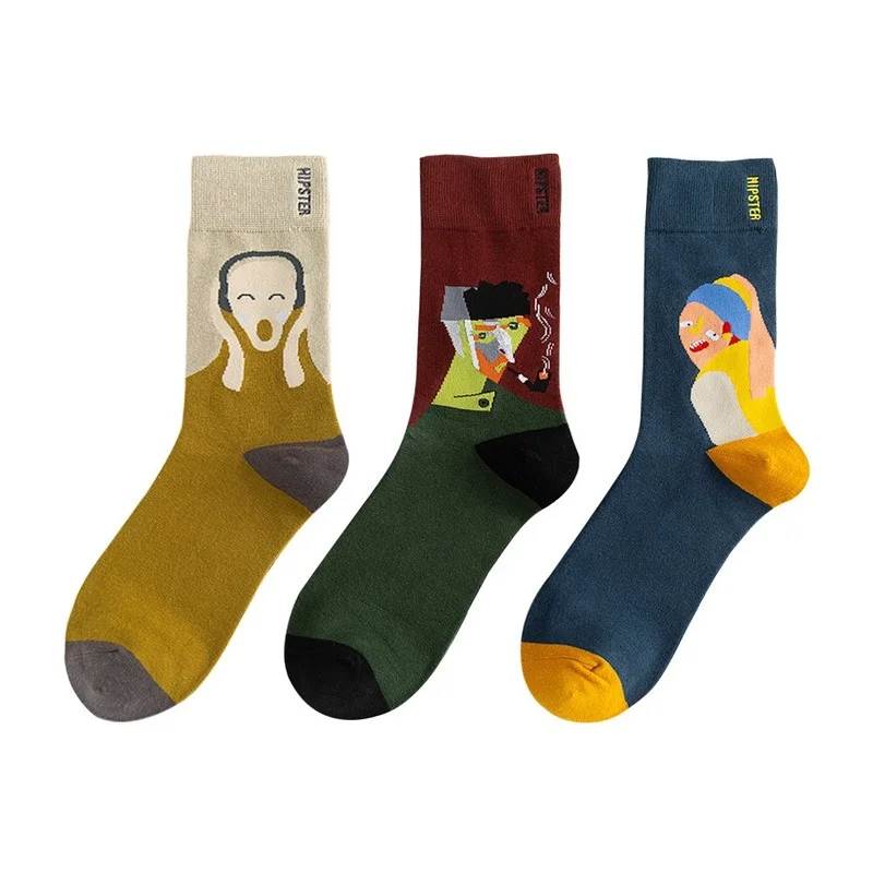 Colorful Funny Cotton Men Crew Socks Van Gogh scream Hip Hop Novelty Painting Skate Street Designer Harajuku Gift Happy Cool