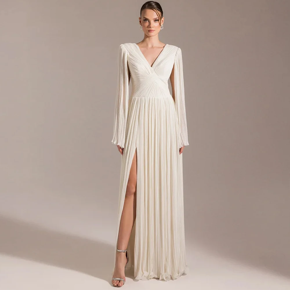 Formal Chiffon V-Neck Evening Dress Classic Long Sleeves Customized Prom Dresses Sexy Lace Up Back Special Occasion Gowns