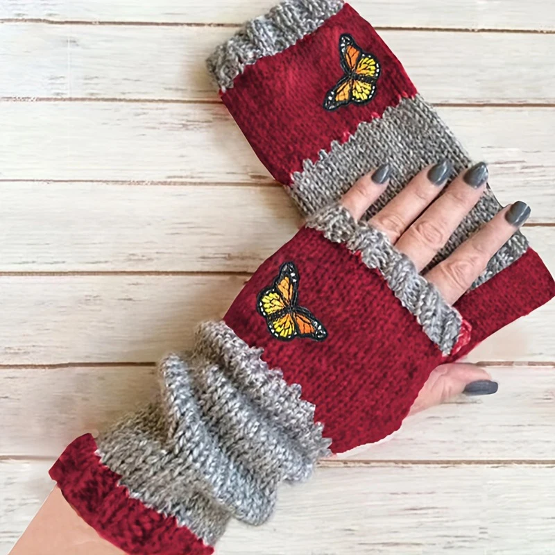 Retro Knitted Gloves For Women Butterfly Embroidery Pattern Wool Knitted Fingerless Mittens Girls Winter Gloves Christmas Gift