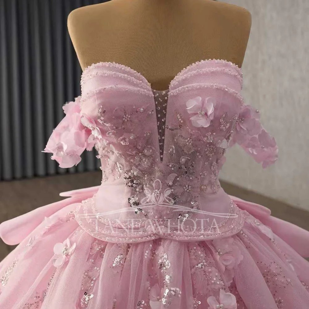 Pink Sweetheart Off The Shoulder Quinceanera Dress With Lace-Up Back Appliques Beading Sequined Vestido De 15