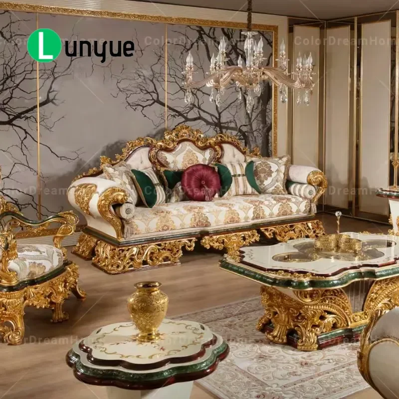 Luxury Antique European Classic Turkish Style Living Room Sofa Set with Coffee Table Elegant Vintage Furniture for Home Decor