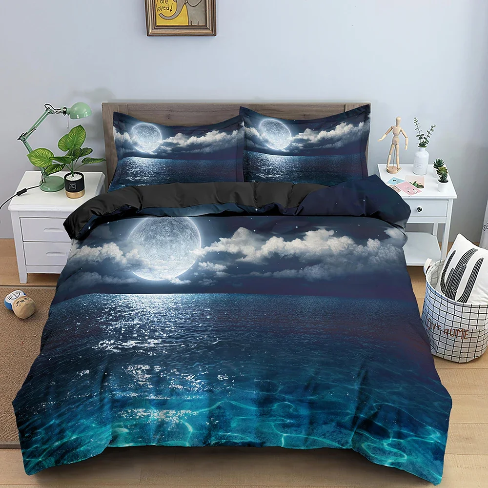 Moon Night Scenery Duvet Cover Set King/Queen Size Night Ocean View Bedding with Pillowcase Black Round Moon Clouds Quilt Cover