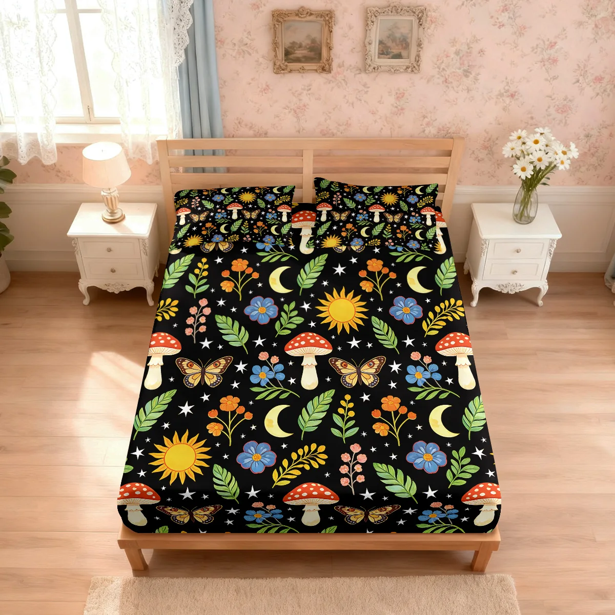 3pcs Color Cartoon Mushroom Print Coreless Bed Sheet Set, Multi Size Soft Bed Cover, Bedroom Bedding Decoration, Washable