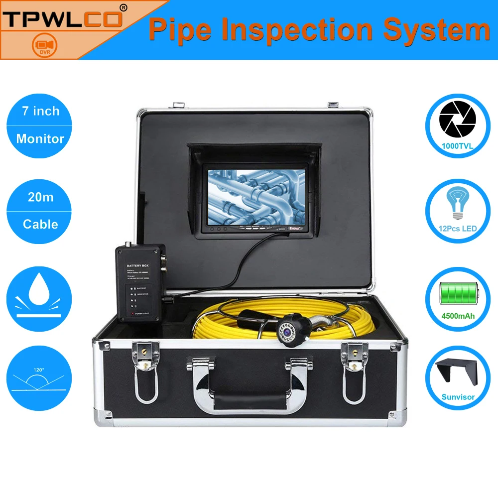 

1000TVL 23mm Lens Sewer Industrial Endoscope 20M Cable 7" LCD Pipe Drain Inspection Camera System With DVR Function