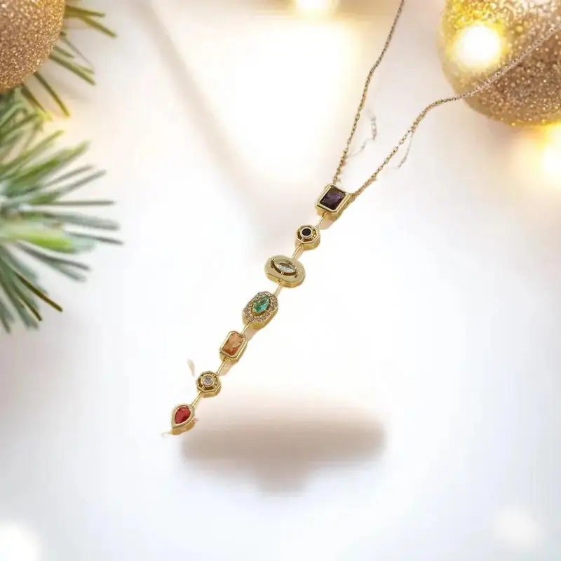 Luxurious Light Retro Style Necklace for Women, Colorful Zircon Tassel, Spliced Long Irregular Collarbone Pendant Chain