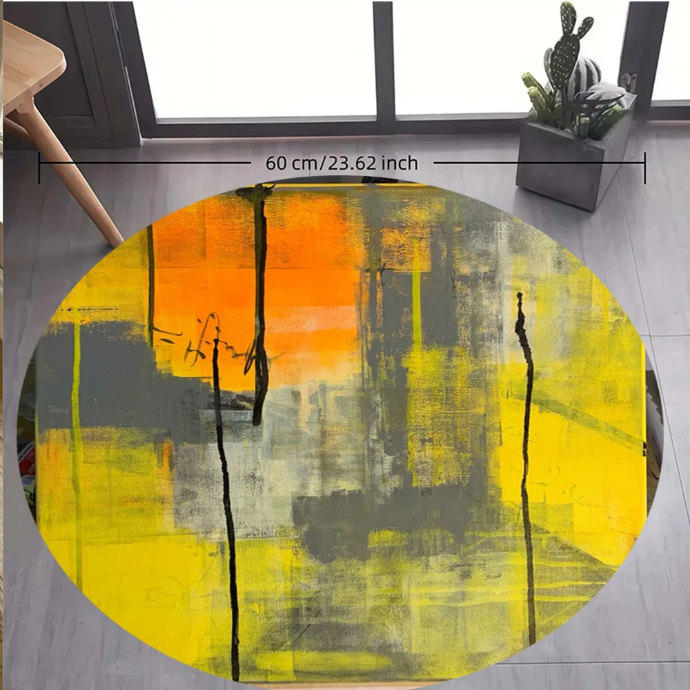 Abstract Yellow Gray Paint Splash Round Rug Flannel Modern Art Floor Mat for Living Room Studio Apartment Trendy Home Decor Item