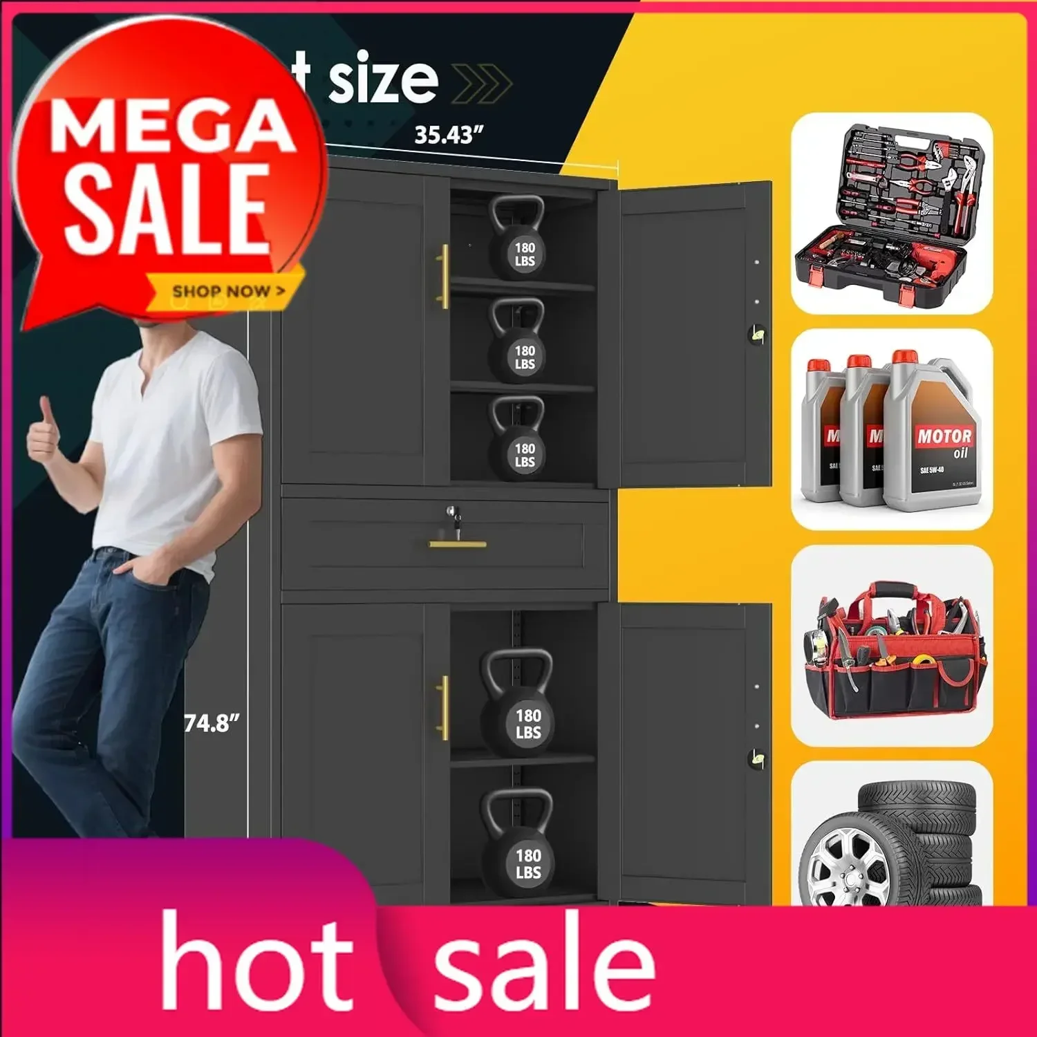 Metal Tall Storage Cabinet with Drawer, Garage Storage Cabinet with Locking Doors and 3 Adjustable Shelves, 71