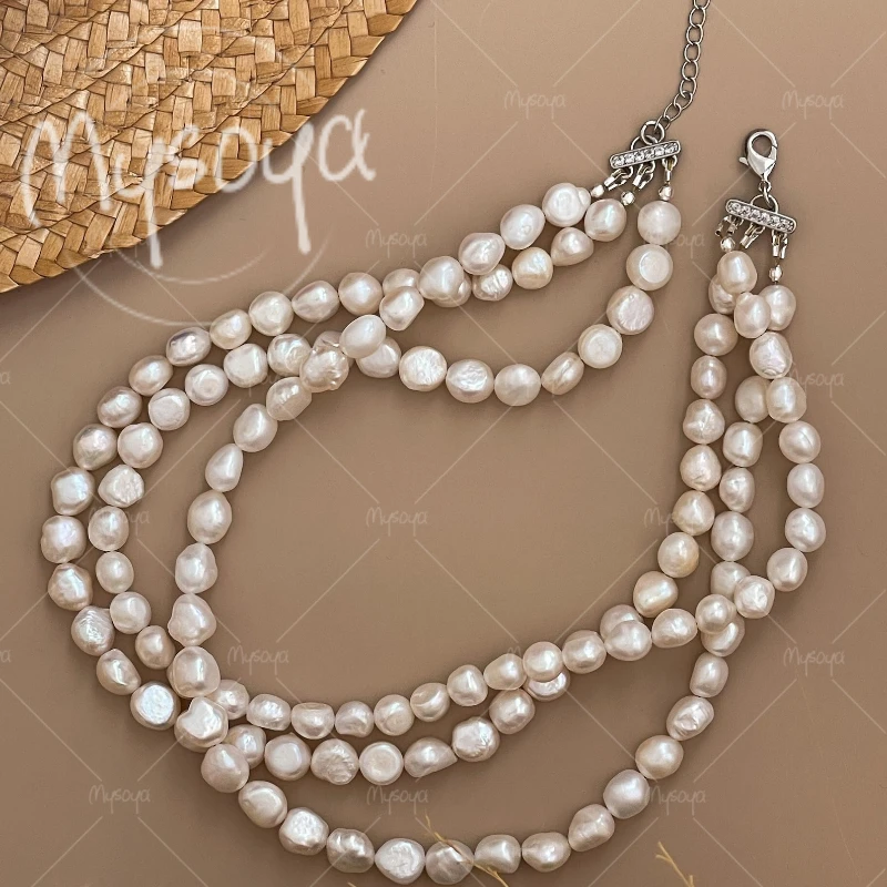 

MYSOYA 6-7mm Three-layer White Baroque Freshwater Pearl Necklace, for Birthday/ Wedding/ Mother's Day/ Father's Day Gift A0792