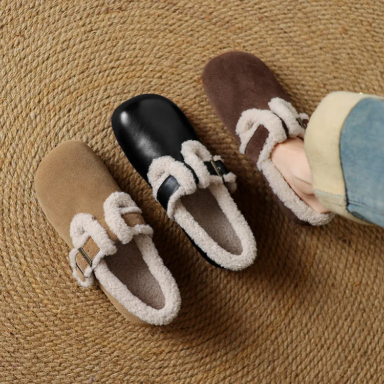 

Vintage Brown Suede Women Flats Casual Round Toe Winter Espadrilles T Strap Apricot Loafers Slip On Outside Footwear Chaussure