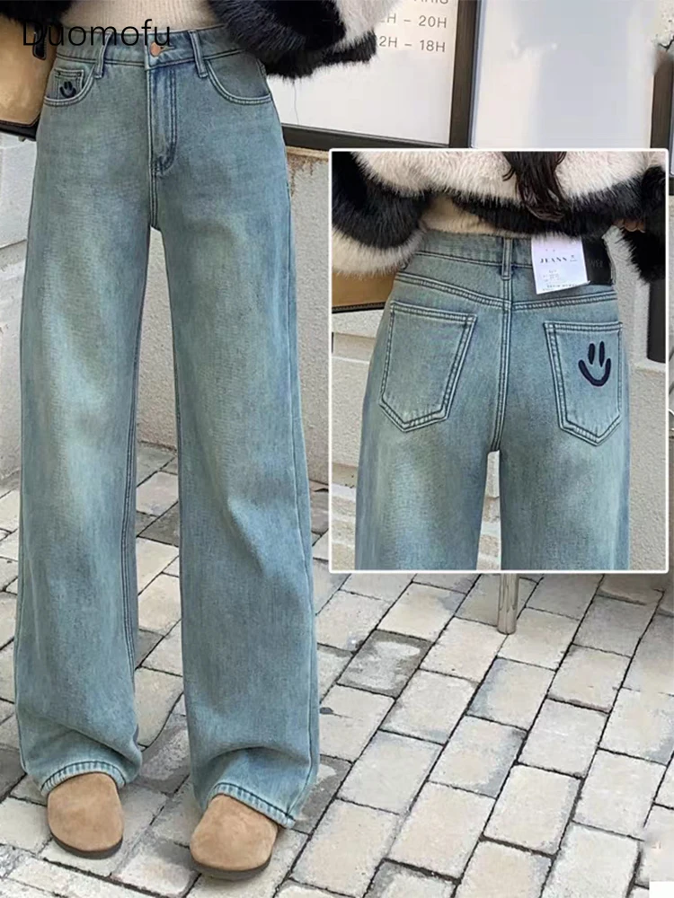 Duomofu Chic Embroidery Loose Straight Full Length Women Jeans Autumn Classic High Waist Slim Fashion Simple Casual Female Jeans
