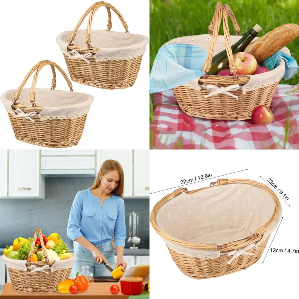 

2 pack medium size oval willow basket with handle, 12.6x9x4.7 inch wicker picnic basket with liner, empty gift basket, wicker ba