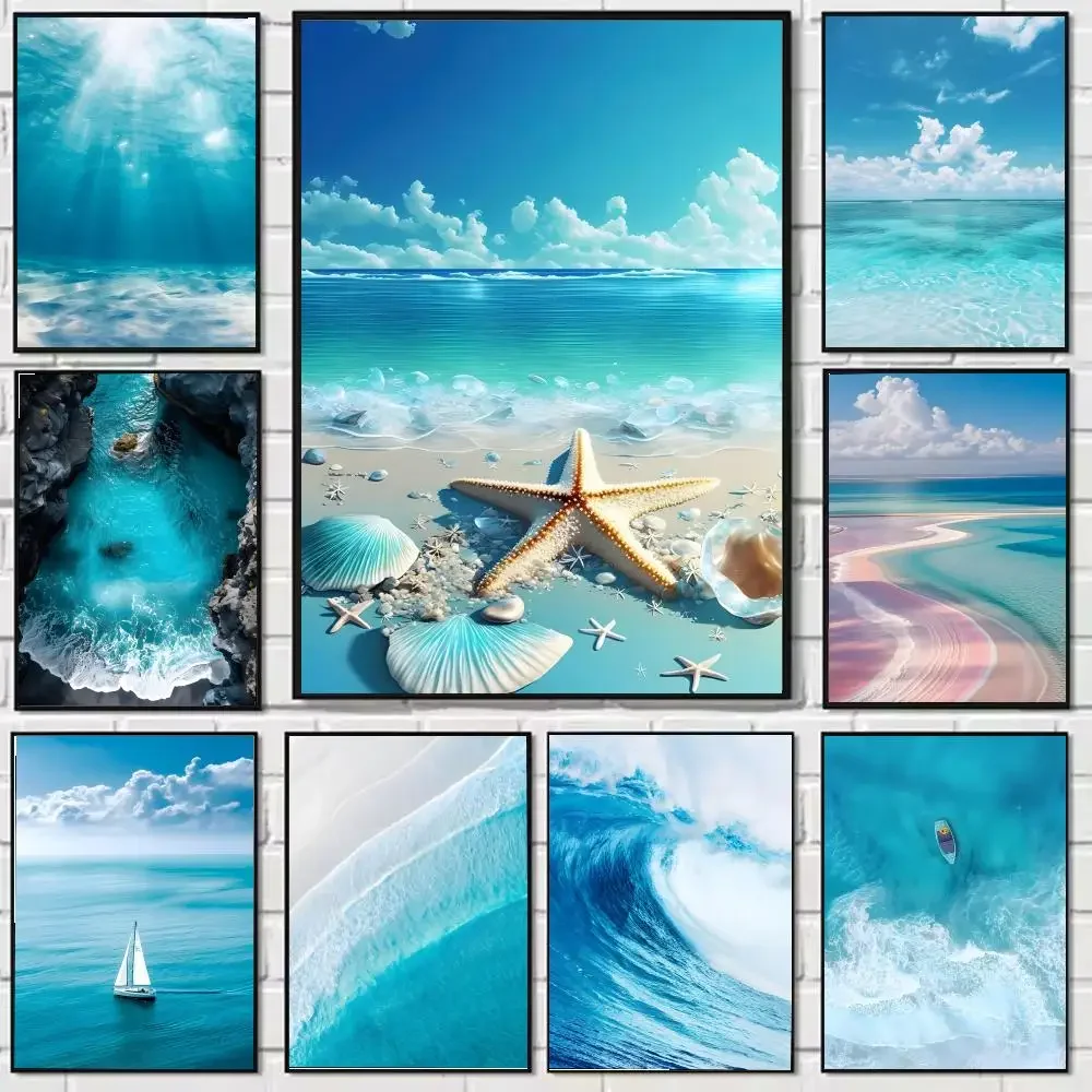 (2D Canvas painting) Beach Ocean Wave Poster HD Cartoon Wall Art Self Stick Removable Poster For Home Living Room