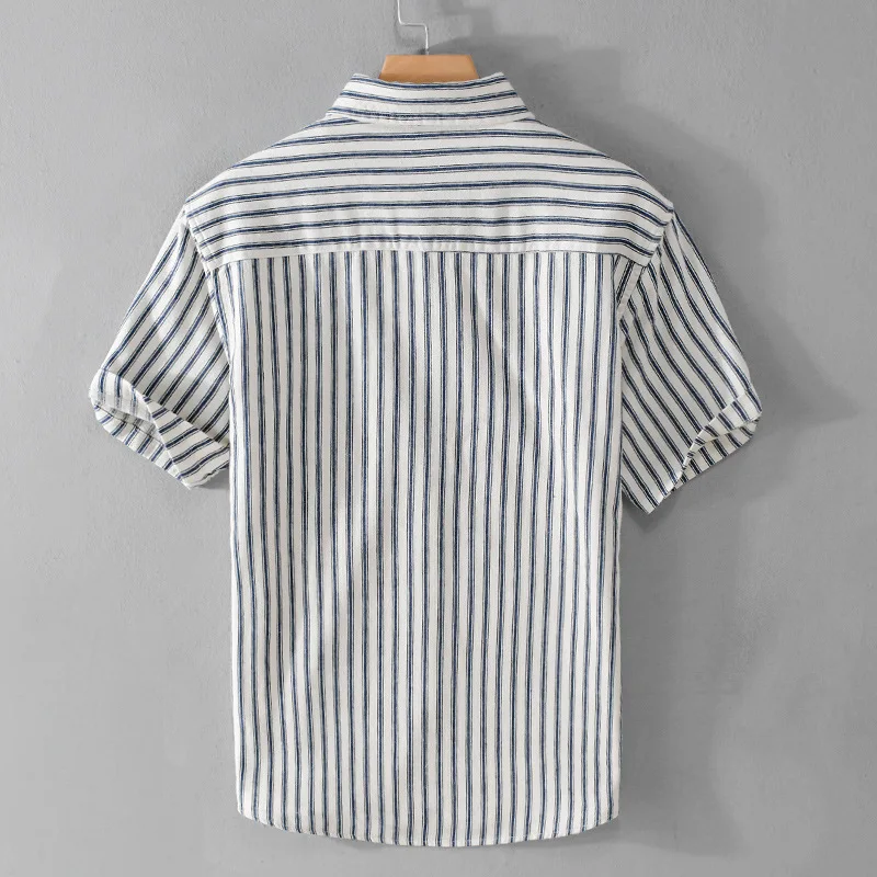 Summer Men's Casual Loose Cotton Shirt Short Sleeve Stripe Pattern Artistic Youth Fashion American Style Half Sleeve Pure Cotton