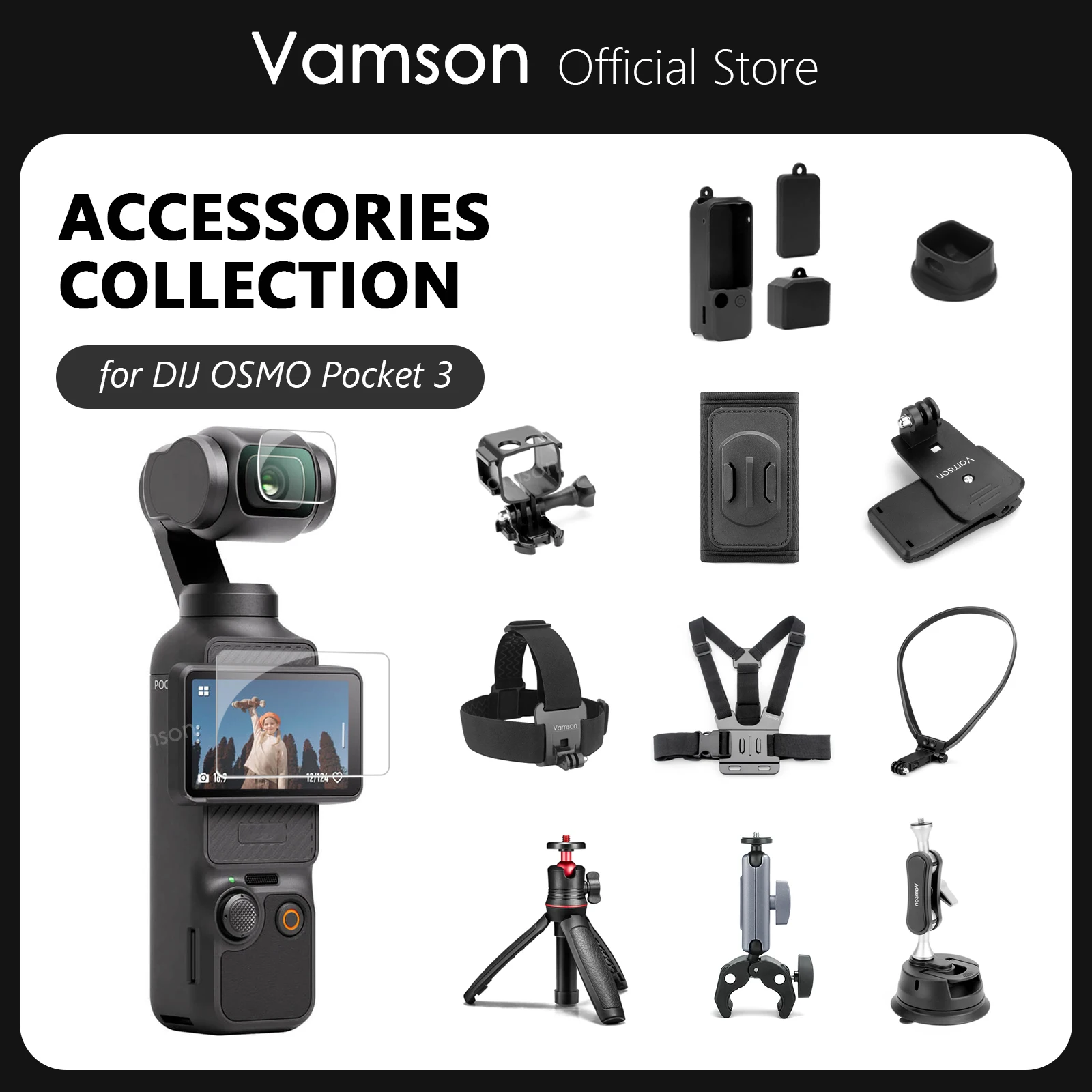 Vamson ตัวยึดฐานอะแดปเตอร์ฟิล์มป้องกันแบบกระเป๋าชุดสำหรับ DJI OSMO 3เคสซิลิโคนอุปกรณ์เสริมสำหรับ DJI Osmo Pocket 3