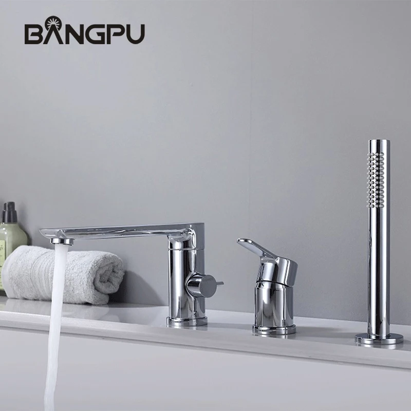 

Deck Mounted Bathtub Faucet Set with Handheld Shower 3 Hole Roman Bath Tub Faucet Combo Kit with Hand Shower Chrome