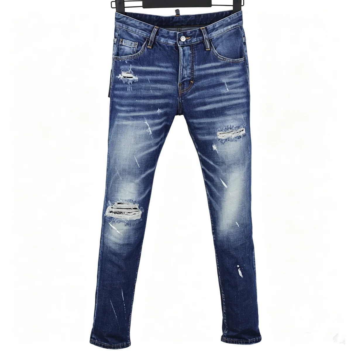 6021 Four Seasons New Men's Wear Washed Patch Paint Slim-fit Small Straight Blue Jeans